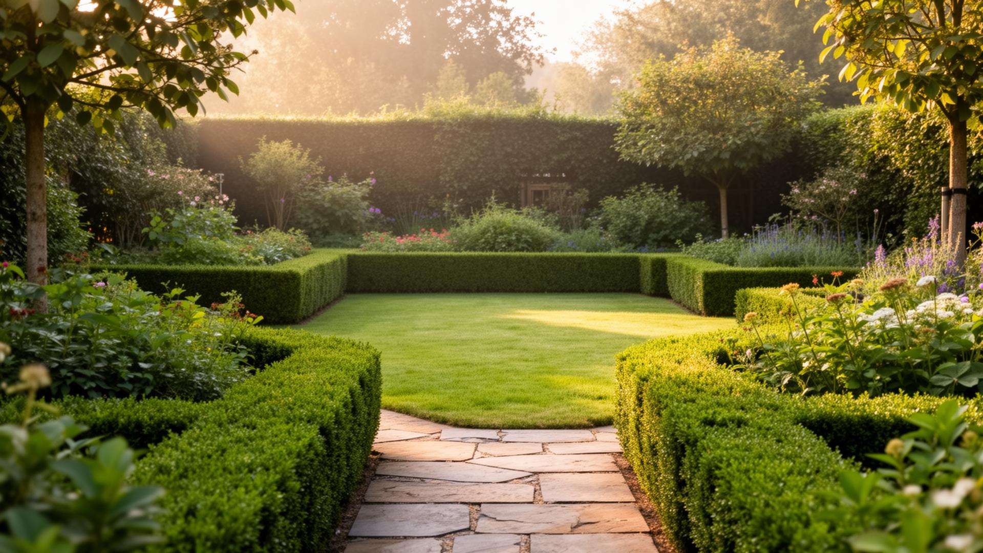 Strakke Nederlandse tuin met buxushagen en gazon